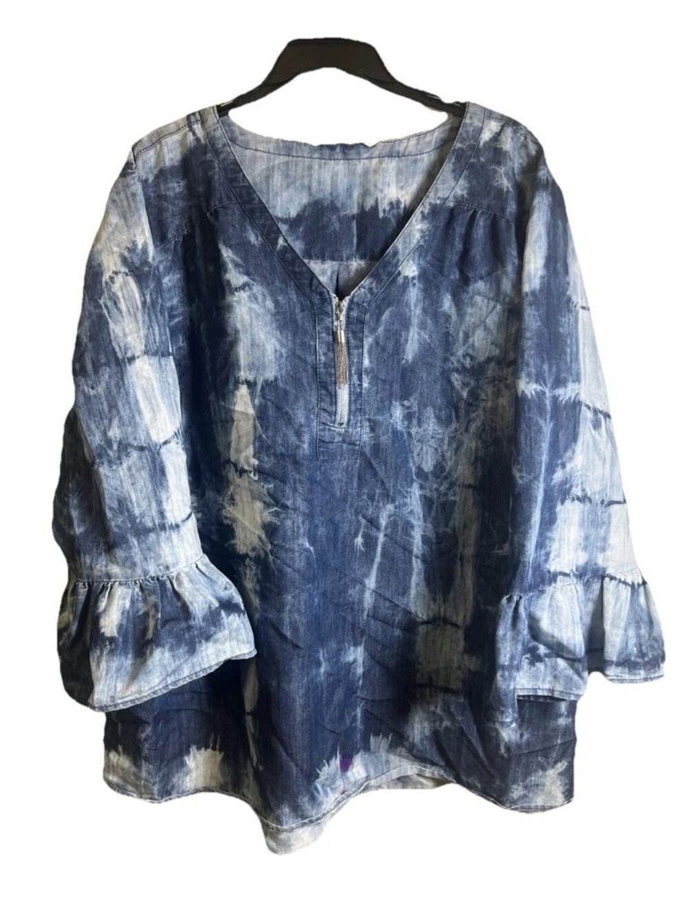 Given Kale Womens Tunic Top Sz 3X Blue Tie Dye Blouse Metal Tassel Zipper Shirt - Picture 2 of 9